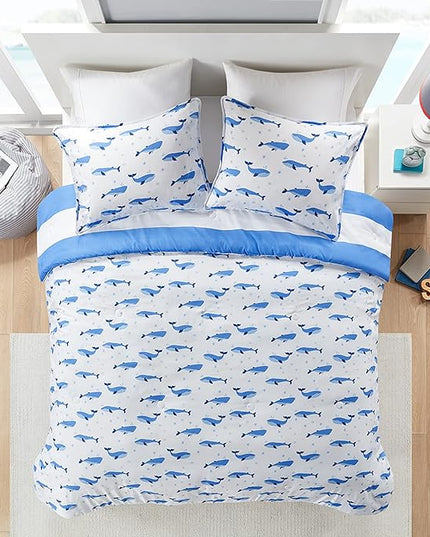 Mizone Kids Blake Reversible Dolphin Comforter Set - Adventure Animal Adorable Print with Stripe Reverse, Fun Bedroom Décor, Modern All Season Kids Bedding, Matching Sham, Full/Queen, Blue 3 Piece - LeafyLoom