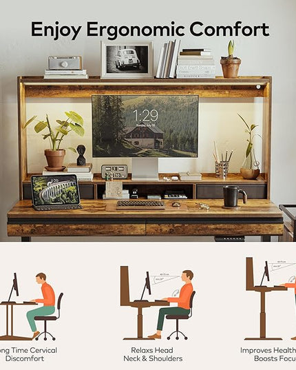 FEZIBO 55 x 27.5 Inches Electric Standing Desk with Open Shelf&LED Strip, Adjustable Height Sit Stand Up Desks with 4 Drawers, Ergonomic Workstation，Rustic Brown - LeafyLoom