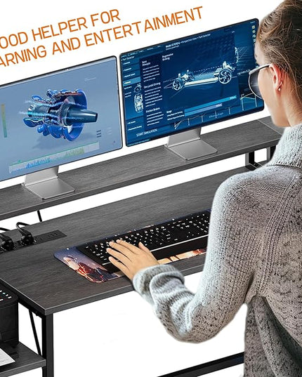 IDEALHOUSE L Shaped Desk - 76" Reversible L Shaped Computer Desk with File Drawer, Office Desk with Power Outlet, L Shaped Gaming Desk with Monitor Shelf, Corner Desk for Home Office, Grey Oak - LeafyLoom