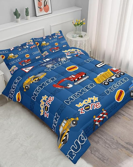 Datura home Kids Comforter Set Butterfly Printed Pattern Bedding Set with 1 Comforter and 2 Pillowcases for Girls Boys Bedroom All Season(Truck Twin) - LeafyLoom