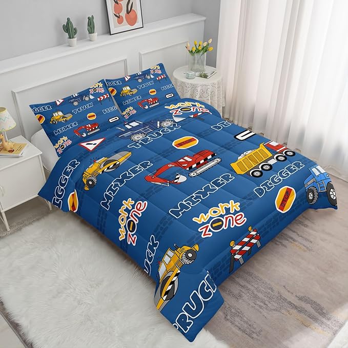 Datura home Kids Comforter Set Butterfly Printed Pattern Bedding Set with 1 Comforter and 2 Pillowcases for Girls Boys Bedroom All Season(Truck Twin) - LeafyLoom