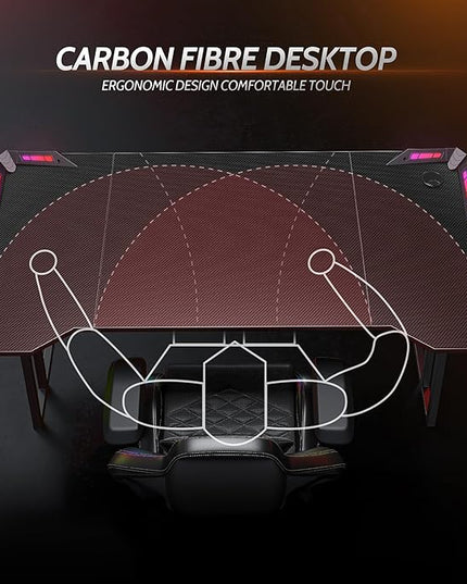 CubiCubi Gaming Desk with LED Lights, 47 Inch Z Shaped Gamer Desk, Home Game Computer Desk with Carbon Fiber Surface, Ergonomic Office PC Workstation with Cable Management, Black - LeafyLoom