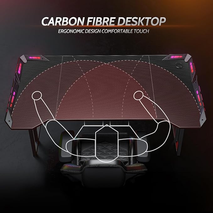 CubiCubi Gaming Desk with LED Lights, 55 Inch Z Shaped Gamer Desk, Home Game Computer Desk with Carbon Fiber Surface, Ergonomic Office PC Workstation with Cable Management, Black - LeafyLoom