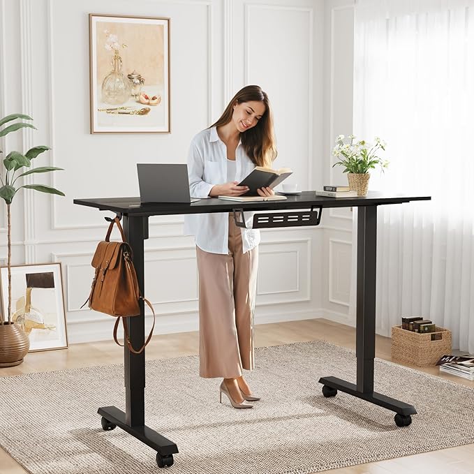 Electric Standing Desk 60 Inch, Ergonomic Height Adjustable Table with T-Shaped Metal Bracket Modern Computer Workstations for Home Office, Black, 60 x 24 Inch - LeafyLoom