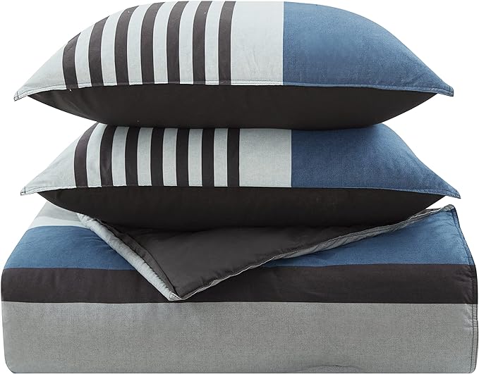 Nautica Comforter Set Cotton Reversible Bedding with Matching Shams, Home Decor for All Seasons, 3 pcs, Queen, Rendon Charcoal/Navy/White - LeafyLoom