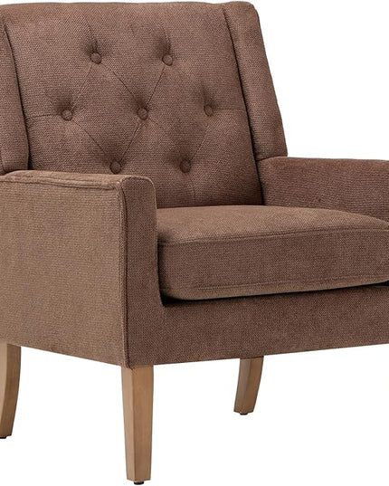COLAMY Mid-Century Accent Chairs, Modern Wingback Living Room Chair, Upholstered Armchair with Button Tufted Back and Wood Legs for Bedroom/Office/Reading Spaces, Brown - LeafyLoom