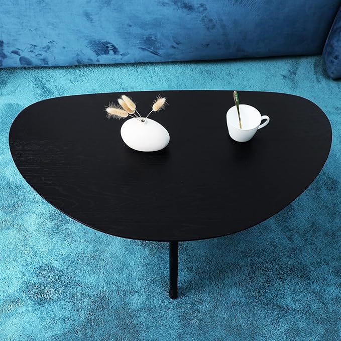FIRMINANA Small Black Oval Coffee Table for Small Space , Simple Modern Center Table with OAK Wood Legs-Black-18.9" D x 33.47" W x 15.75" H - LeafyLoom