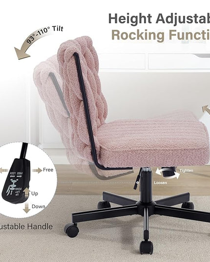 Criss Cross Legged Office Desk Chair with Wheels, Modern Armless Desk Chair with Wide Seat, Home Office Chair for Work, Meditation, Vanity, Pink - LeafyLoom
