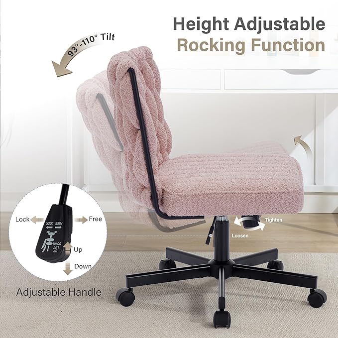 Criss Cross Legged Office Desk Chair with Wheels, Modern Armless Desk Chair with Wide Seat, Home Office Chair for Work, Meditation, Vanity, Pink - LeafyLoom