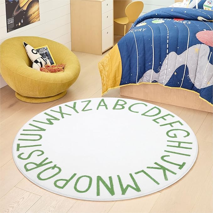 Topotdor Round Kids Play Rug Alphabet Nursery Area Rug Extra Large Soft Crawling Play Mat for Children Toddlers Bedroom (47 inch, Green/White) - LeafyLoom