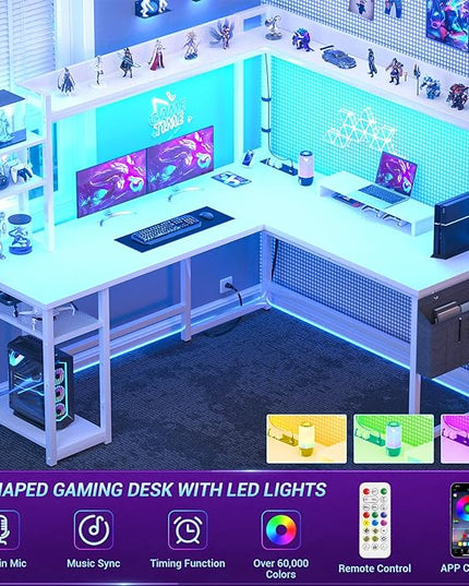 Aheaplus L Shaped Desk with Power Outlet, L Shaped Gaming Desk with Led Light & Hutch, Reversible Home Office Desk, Corner Computer Desk Writing Desk with Monitor Stand & Storage Shelves, White - LeafyLoom
