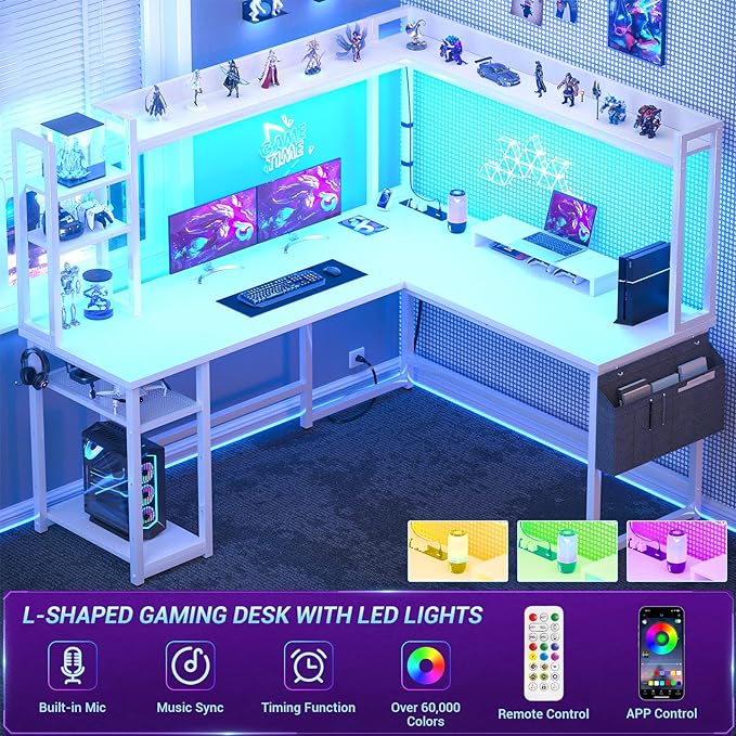 Aheaplus L Shaped Desk with Power Outlet, L Shaped Gaming Desk with Led Light & Hutch, Reversible Home Office Desk, Corner Computer Desk Writing Desk with Monitor Stand & Storage Shelves, White - LeafyLoom