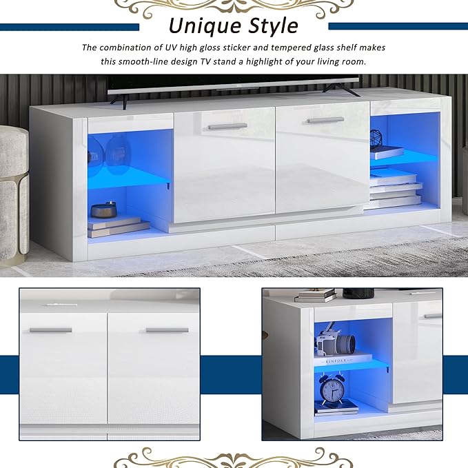 Merax Modern LED TV Stand with 2 Tempered Glass Shelves, High Gloss Entertainment Center for Televisions Up to 70”, Elegant Storage Cabinet with Color Changing Lights for Living Room, White - LeafyLoom