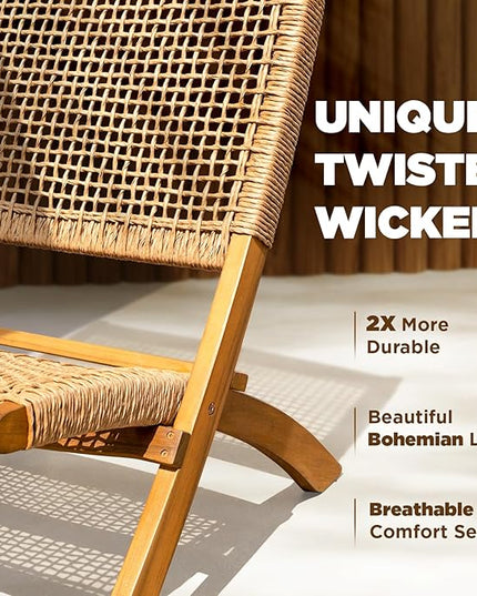Twisted Wicker Wood Foldable Reclining Bistro Set - LeafyLoom