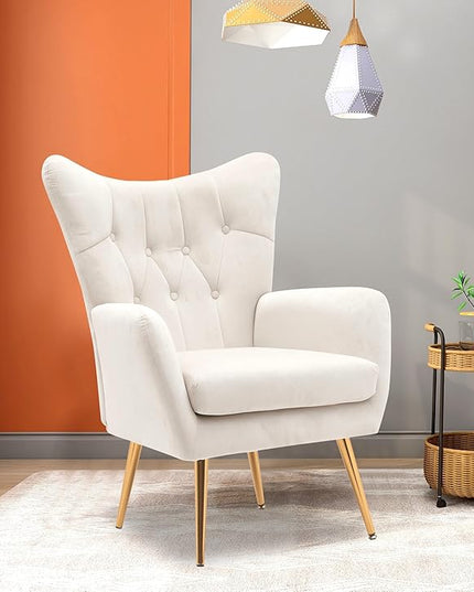 US Pride Furniture Modern Accent Chair with Ergonomic High Wingback, Microfiber Upholstered Armchair with Metal Legs for Living Room, Bedroom, Office or Vanity, Ivory - LeafyLoom