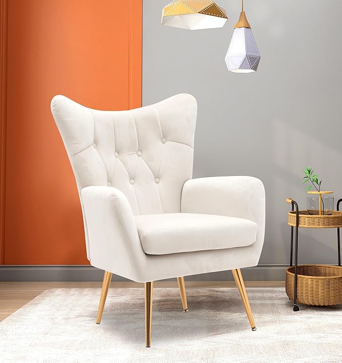 US Pride Furniture Modern Accent Chair with Ergonomic High Wingback, Microfiber Upholstered Armchair with Metal Legs for Living Room, Bedroom, Office or Vanity, Ivory - LeafyLoom