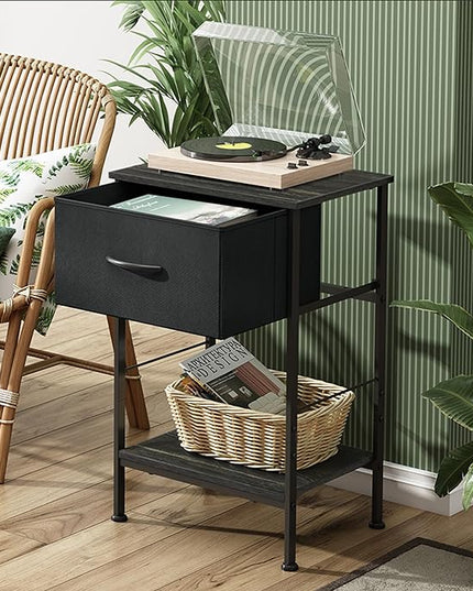 WLIVE Nightstands Set of 2, Black Nightstand with Fabric Storage Drawer and Open Wood Shelf, Night Stand set 2 with Steel Frame, Side Table for Bedroom, Dorm, Charcoal Black, 24.9" Height - LeafyLoom