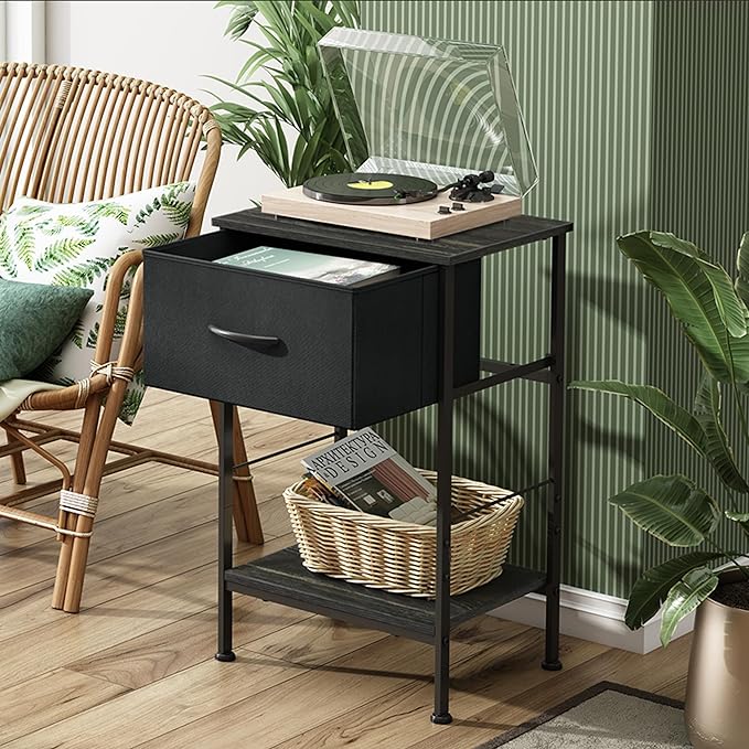 WLIVE Nightstands Set of 2, Black Nightstand with Fabric Storage Drawer and Open Wood Shelf, Night Stand set 2 with Steel Frame, Side Table for Bedroom, Dorm, Charcoal Black, 24.9" Height - LeafyLoom