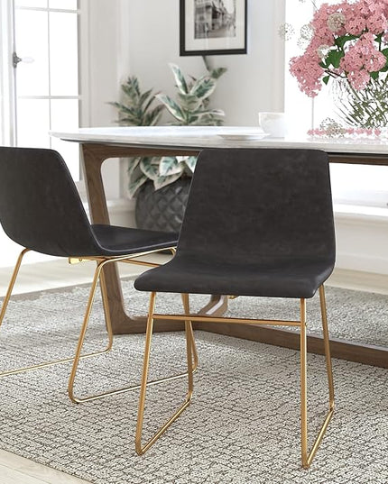 Flash Furniture Butler 18 Inch Commercial Grade LeatherSoft Dining Table Height Chair, Mid-Back Gold Sled Base with Dark Gray LeatherSoft Upholstery, Set of 2 - LeafyLoom