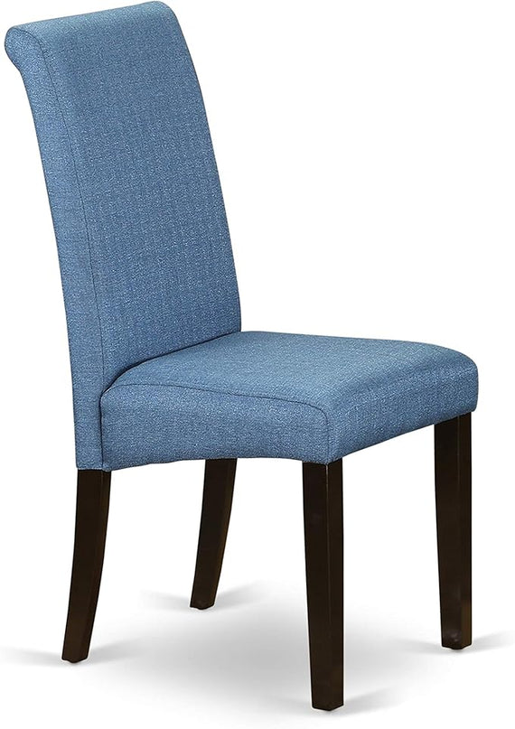 East West Furniture BOBA5-CAP-21 Boston 5 Piece Kitchen Set Includes a Round Dining Room Table and 4 Blue Color Linen Fabric Parsons Dinette Chairs, Cappuccino, 42x42 Inch - LeafyLoom