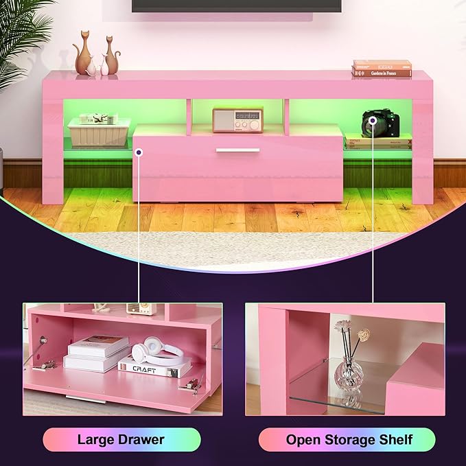 Clikuutory Pink LED TV Stand with Large Storage Drawer for 32 40 50 55 Inch TVs, Modern High gloss TV Console Table with Entertainment Center for Living Room, Bedroom, Pink - LeafyLoom
