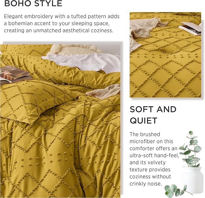 Bedsure Twin/Twin XL Comforter Set - Mustard Yellow Boho Twin Extra Long Comforter Set for College, Shabby Chic Dorm Bedding Set, 2 Pieces Modern Farmhouse Bed Set, includes 1 Pillow Sham - LeafyLoom