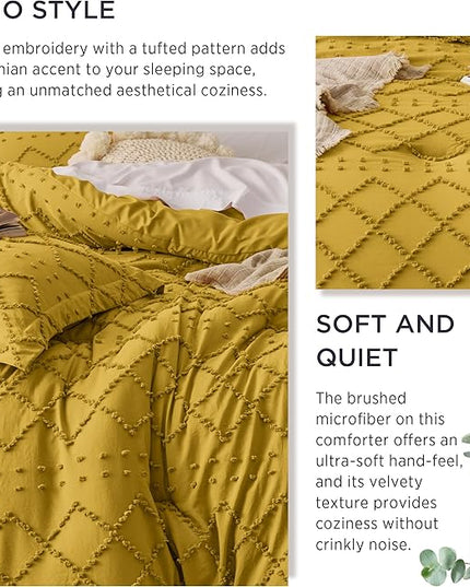 Bedsure King Size Comforter Set - Mustard Yellow Comforter, Boho Tufted Shabby Chic Bedding Comforter Set, 3 Pieces Farmhouse Bed Set for All Seasons, Fluffy Soft Bedding Set with 2 Pillow Shams - LeafyLoom