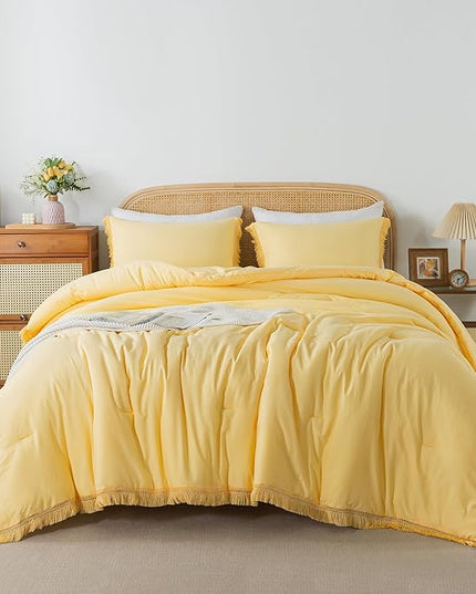 Andency Yellow Tassel Comforter Set Queen(90x90Inch), 3 Pieces(1 boho Comforter, 2 Pillowcases) Farmhouse Shabby Chic Comforter Set, Soft Microfiber Lightweight Fringe Bedding Comforter Set - LeafyLoom