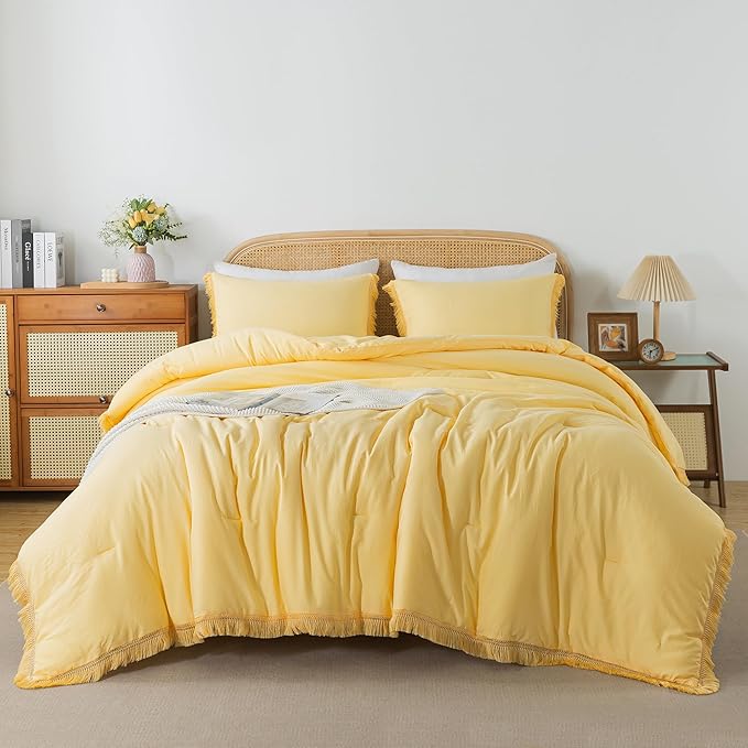 Andency Yellow Tassel Comforter Set Queen(90x90Inch), 3 Pieces(1 boho Comforter, 2 Pillowcases) Farmhouse Shabby Chic Comforter Set, Soft Microfiber Lightweight Fringe Bedding Comforter Set - LeafyLoom