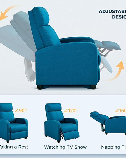 Yaheetech Fabric Recliner Sofa Modern Single Recliner Sofa Home Theater Seating with Thick Seat Cushion, Backrest and Pocket Spring, Blue - LeafyLoom