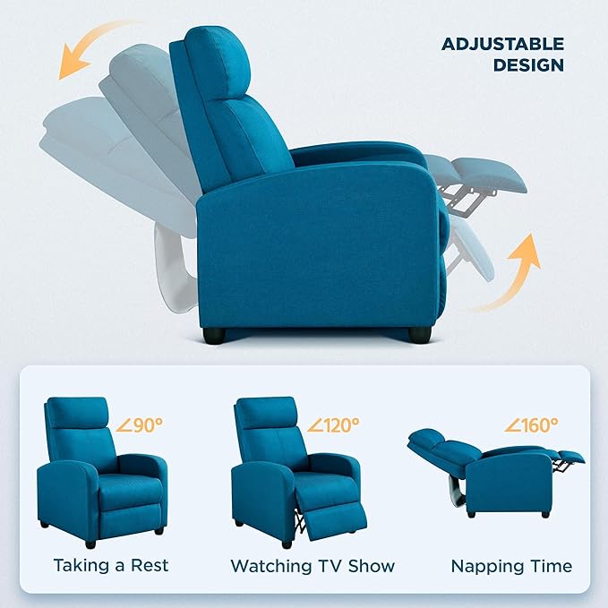 Yaheetech Fabric Recliner Sofa Modern Single Recliner Sofa Home Theater Seating with Thick Seat Cushion, Backrest and Pocket Spring, Blue - LeafyLoom