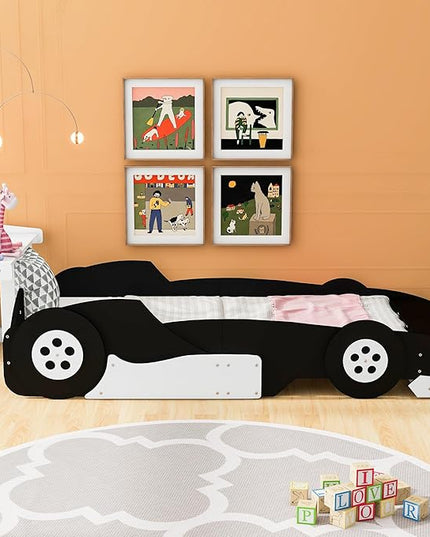 Twin Size Racecar Bed for Big Boys,Wood Platform Bedframe with Wheels & Safety Guardrail,Slats Support,Easy Assembly,Toddlers Kids Car Floor Beds for Fun Children's Bedroom,Black - LeafyLoom