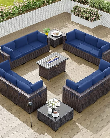Kullavik 15PCS Outdoor Patio Furniture Set with 43" 55000BTU Gas Propane Fire Pit Table PE Wicker Rattan Sectional Sofa Patio Conversation Sets w/8 Coner Sofas,Dark Blue - LeafyLoom