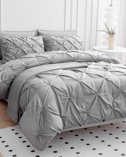 LANE LINEN 7 Piece Queen Comforter Set with Sheets, Pintuck Bedding Queen Size Set, Soft Bed in A Bag Queen, Pinch Pleated Queen Bed Set, Fluffy Queen Bedding Set with Pillowcases & Shams - Silver - LeafyLoom
