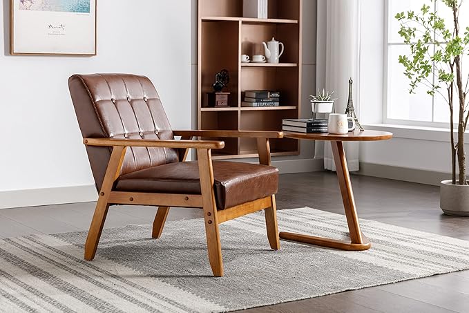 Mid-Century Accent, Modern Single Armchair, Upholstered Leisure Lounge Chair wth Solid Wood Armrest and Feet for Living Room, Bedroom, Office, Brown - LeafyLoom