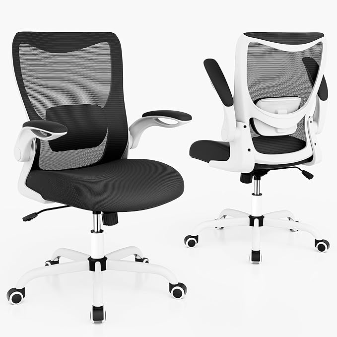 Office Chair, Ergonomic Desk Chair with Adjustable Lumbar Support and Flip up Armrest, Breathable Mesh Computer Chair for Home Office, White - LeafyLoom