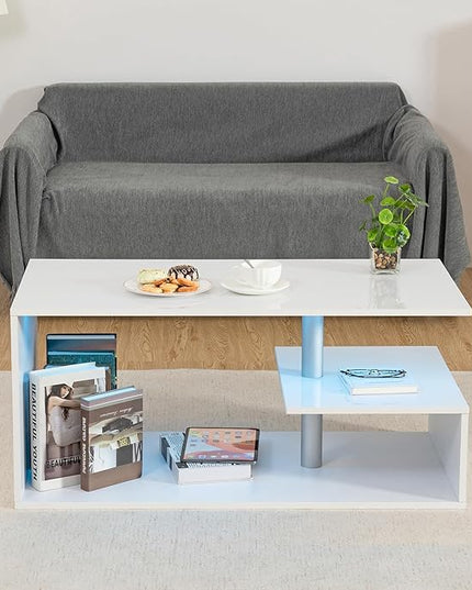 HOMMPA LED Coffee Tables for Living Room Modern Coffee Table with S-Shaped 3 Tiers Open Storage Shelf High Gloss White Center Sofa Tea Table with LED Lights for Home Office Furniture - LeafyLoom