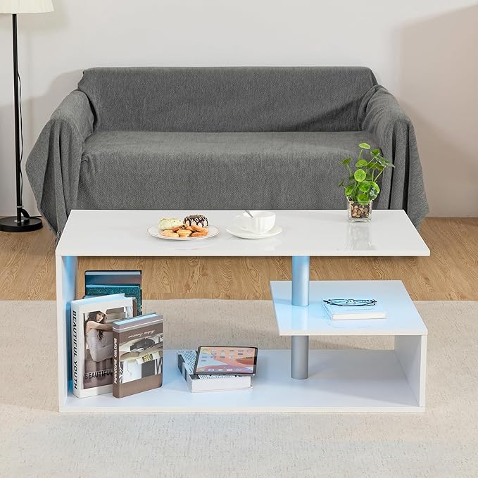 HOMMPA LED Coffee Tables for Living Room Modern Coffee Table with S-Shaped 3 Tiers Open Storage Shelf High Gloss White Center Sofa Tea Table with LED Lights for Home Office Furniture - LeafyLoom