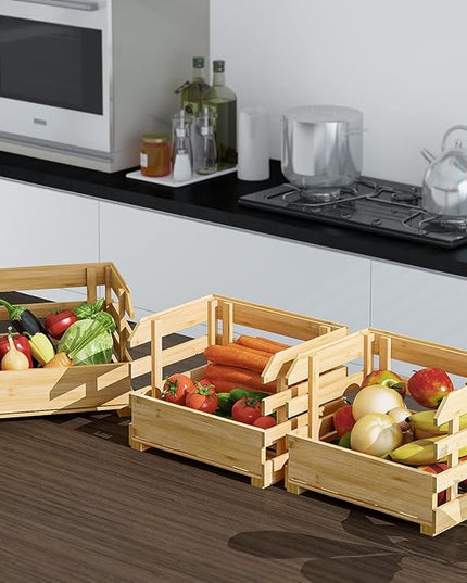 G.a HOMEFAVOR Bamboo Fruit Basket Stand, Potato and Onion Storage Cart, 3-Tier Fruit Basket with Wheels, Vegetable Storage for Kitchen Floor (Self-assembly) - LeafyLoom