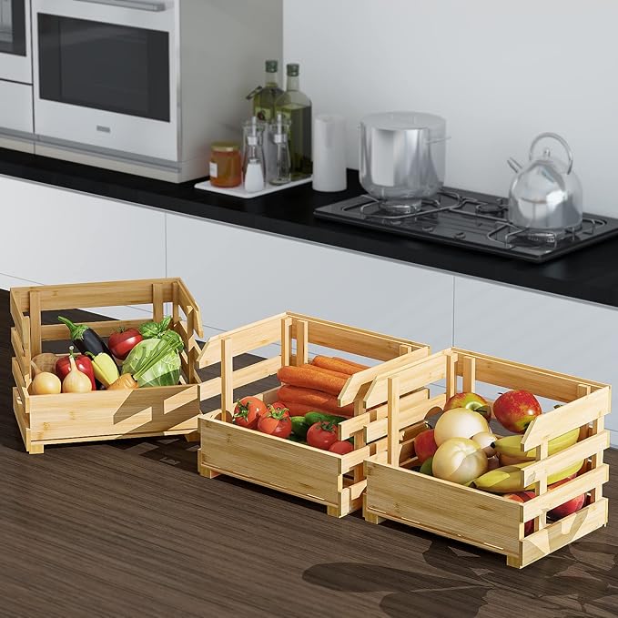 G.a HOMEFAVOR Bamboo Fruit Basket Stand, Potato and Onion Storage Cart, 3-Tier Fruit Basket with Wheels, Vegetable Storage for Kitchen Floor (Self-assembly) - LeafyLoom
