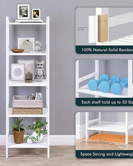 5 Tier Bamboo Shelf, Tall Narrow Bookcase, Freestanding Bathroom Storage Unit with Adjustable Shelves, Modern Display Standing Bookshelf for Living Room, Bedroom, Home Office, White - LeafyLoom