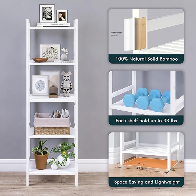 5 Tier Bamboo Shelf, Tall Narrow Bookcase, Freestanding Bathroom Storage Unit with Adjustable Shelves, Modern Display Standing Bookshelf for Living Room, Bedroom, Home Office, White - LeafyLoom