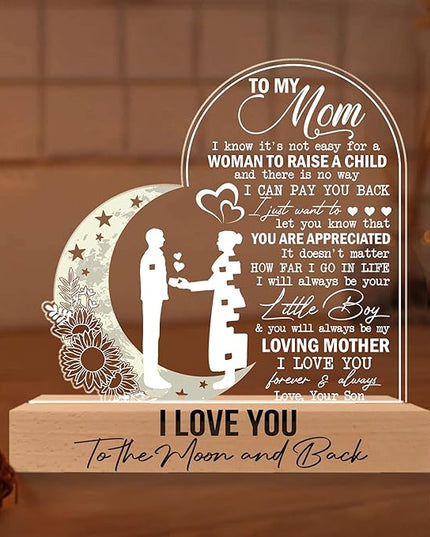 Mom 3D Illusion Lamp w/Wooden Base USB Powered, Mom Acrylic Night Light, to My Mom Gift from Daughter, Bonus Mom Stepmom Gift, Lamp Present for Mom Mother, Gift for Birthday Mothers Day - LeafyLoom