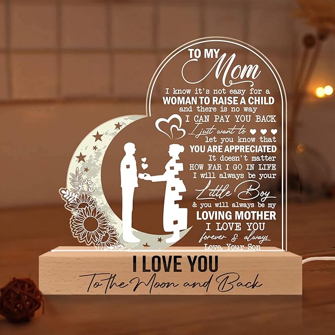 Mom 3D Illusion Lamp w/Wooden Base USB Powered, Mom Acrylic Night Light, to My Mom Gift from Daughter, Bonus Mom Stepmom Gift, Lamp Present for Mom Mother, Gift for Birthday Mothers Day - LeafyLoom
