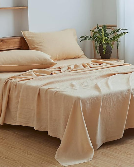 Simple&Opulence 100% Linen Sheet Set Solid Color-4 Pcs Washed French Linen Bed Sheets(1 Flat Sheet,1 Fitted Sheet,2 Pillowcases)-Breathable Bedding Set (Queen, Sand) - LeafyLoom
