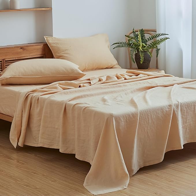 Simple&Opulence 100% Linen Sheet Set Solid Color-4 Pcs Washed French Linen Bed Sheets(1 Flat Sheet,1 Fitted Sheet,2 Pillowcases)-Breathable Bedding Set (Queen, Sand) - LeafyLoom