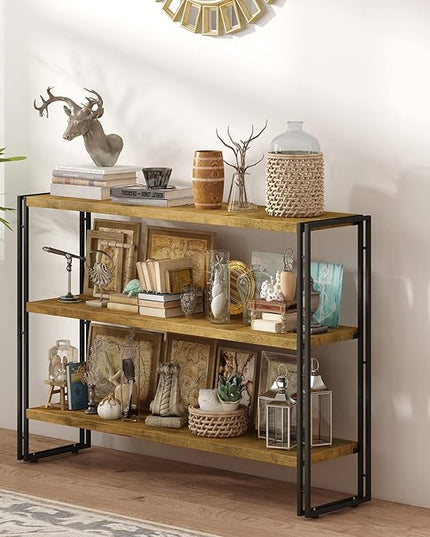 HCHQHS 3-Tier Rustic Wood and Metal Industrial Bookshelf for Home Office, Bedroom, Kitchen, Bathroom - 47in - LeafyLoom