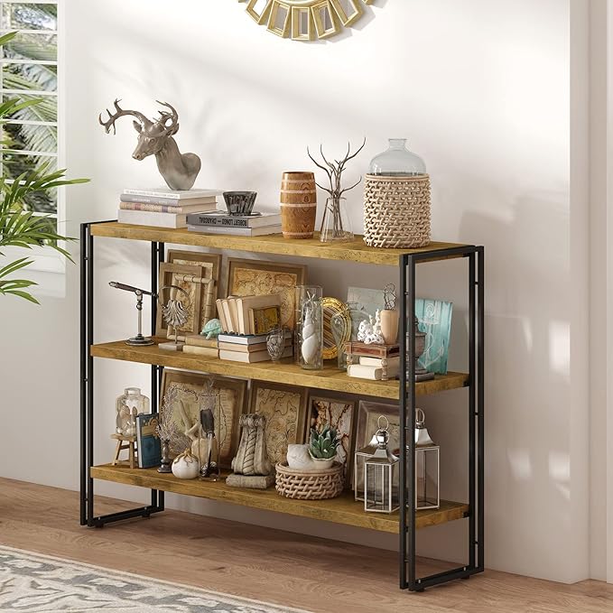 HCHQHS 3-Tier Rustic Wood and Metal Industrial Bookshelf for Home Office, Bedroom, Kitchen, Bathroom - 47in - LeafyLoom