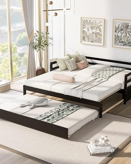 Wooden Extendable Daybed, Twin to King Daybed Frame with Trundle, Extending Sofa Bed for Living Room Bedroom Guest Room, Espresso - LeafyLoom