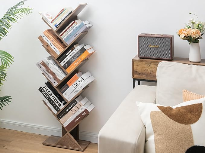 Labcosi 8 Tier Tree Bookshelf, Floor Standing Wood Tree Bookcase, Tall Book Storage Rack for Books/CDs, Book Organizer Shelves for Home Office, Bedroom, Living Room - LeafyLoom